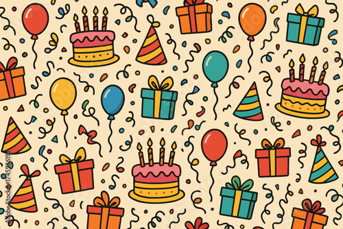 Festive birthday celebration pattern with colorful cakes balloons gifts and confetti seamless background