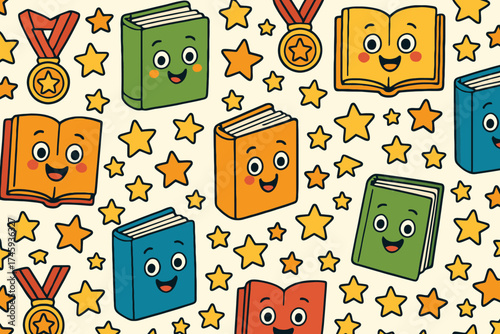 Cute cartoon books with happy faces and medals surrounded by stars seamless pattern