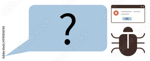 Large question mark in blue speech bubble beside a software bug icon and an error message window. Ideal for problem-solving, debugging, troubleshooting, technical issues, uncertainty, communication