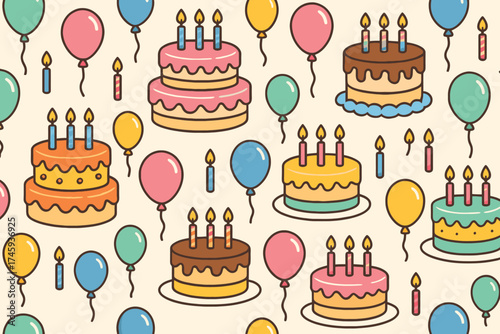 Seamless pattern of colorful birthday cakes with candles and balloons for celebration and party invitations