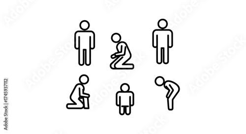 Stick figures praying illustrating different prayer poses in a minimalist design symbolizing faith devotion perfect for religious content and spiritual guidance.