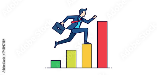 successful business growth a businessman leaps over rising bar graphs symbolizing career advancement and corporate success in financial reporting.