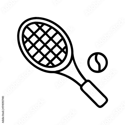 Vector art of tennis racket and ball outline, a classic sports equipment design for tennis enthusiasts, perfect for logos and graphics