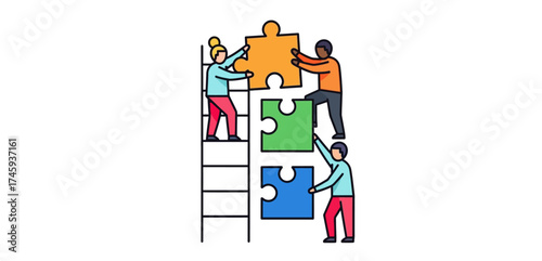 team collaboration puzzle diverse team solving a colorful jigsaw on a ladder symbolizing synergy and problem-solving for business teamwork concepts