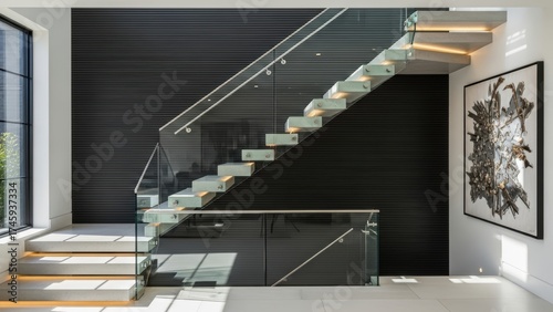 Contemporary floating stairs with glass and steel railings against a black wall.