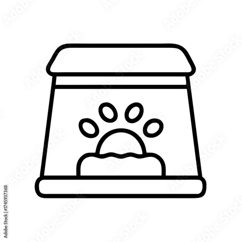 Vector art of outline icon of a pet food dispenser with a paw print automated feeder for dogs and cats, providing portion control