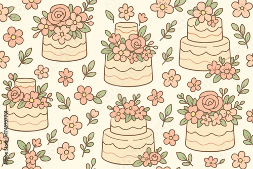 Charming hand drawn seamless pattern of tiered cakes and flowers in soft pastel colors