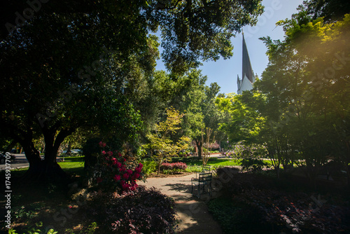 Daylight shines on lush foliage and historic church in the town of Atherton, California, USA.