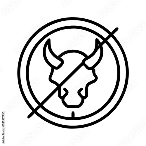 Vector art of no bull sign, representing a prohibition, restriction, or warning against aggressive or misleading behavior in a line drawing
