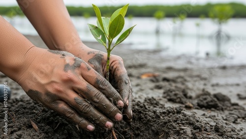 Hands planting a mangrove seedling in wet coastal mud.