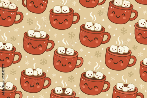 Cute kawaii hot chocolate mugs with marshmallows seamless pattern for winter holidays and cozy drinks