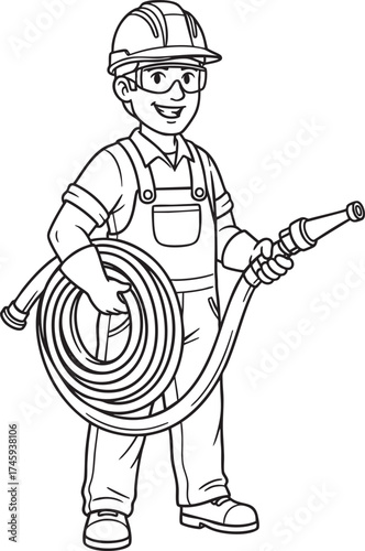 A black and white cartoon illustration of a friendly worker in a hard hat holding a coiled hose.