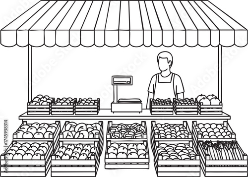 A black and white line art illustration of a vendor at a farmers market fruit and vegetable stall.