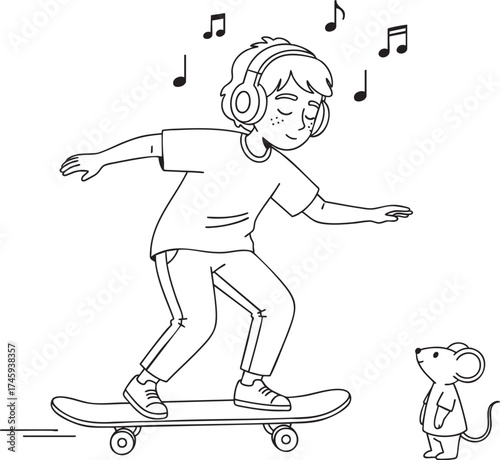 A black and white line art illustration of a young person skateboarding while listening to music with headphones.