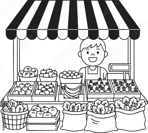 A black and white line drawing of a smiling boy selling fresh fruits and vegetables at a market stall.