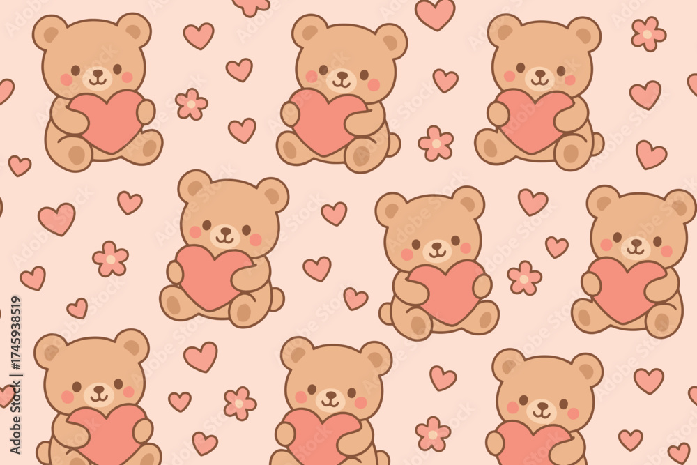 Fototapeta premium Cute kawaii teddy bears holding pink hearts seamless pattern background