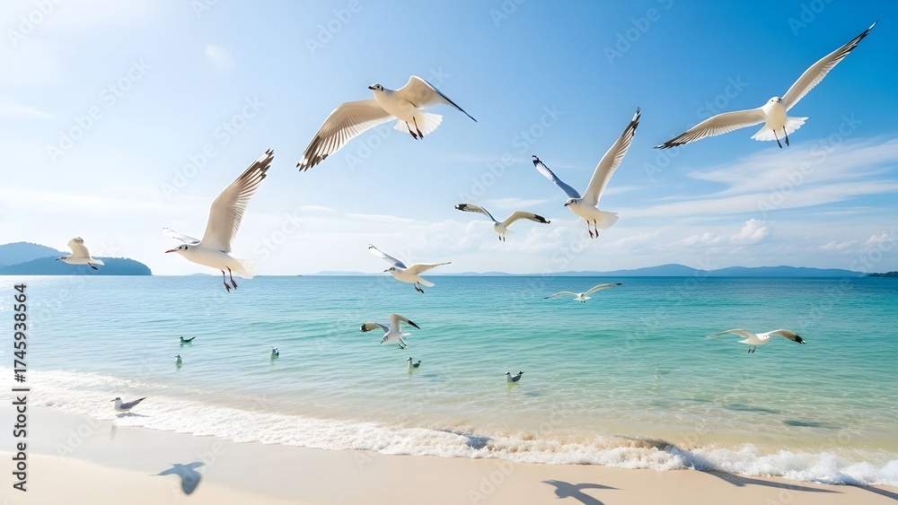 Fototapeta premium Seagulls over the Shore-A flock of seagulls flying low over clear water at a tropical beach near Kota Kinabalu
