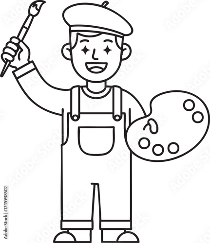 A cheerful cartoon male artist in a beret and overalls holding a paintbrush and palette.