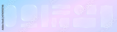 Transparent glassmorphism UI set with glossy 3D buttons and panels. Modern digital glass morphism frame set on background for app or web design. Minimal vector gradient blur and soft shadow effect.