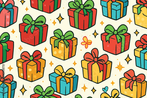 Vibrant hand drawn christmas presents with sparkles and stars seamless pattern background