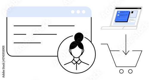 User profile icon, web interface, laptop with online form, and shopping cart capturing e-commerce flow. Ideal for online shopping, customer profiles, UX design, digital marketing, e-commerce retail