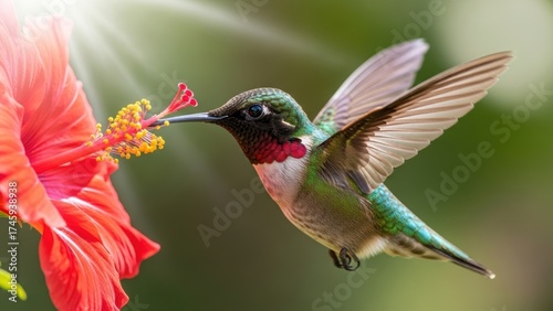 A ruby-throated hummingbird feeding from a red hibiscus flower with sun rays in the background.