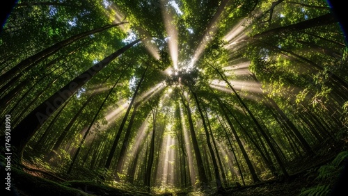 Fototapeta Naklejka Na Ścianę i Meble -  A low-angle, wide-lens view of sunbeams streaming through a lush green forest canopy.