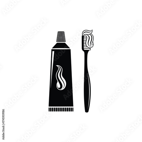 Toothpaste tube and toothbrush simple solid icon for dental hygiene -  icon vector illustration - Logo vector icon symbol stock illustration
