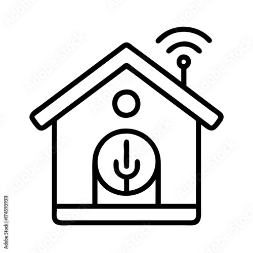 Vector art of smart home automation system, showcasing a house with a power icon and wifi signal in a simple line drawing style