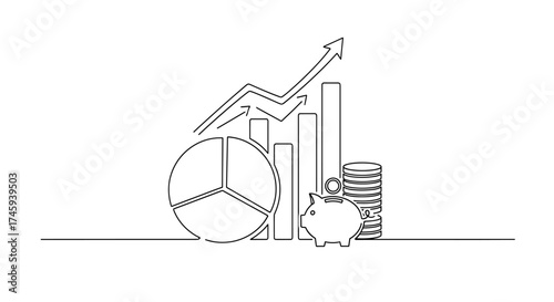 Vector line drawing featuring a pie chart, bar graph, upward arrows, coins, and a piggy bank illustration
