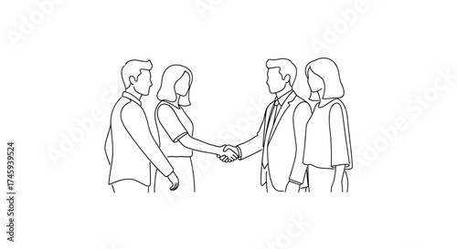 Vector illustration of two business people shaking hands with colleagues standing nearby in line art style