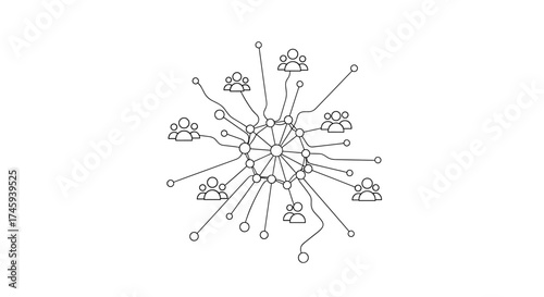 Vector illustrated network connecting people icons with central node on a white plane view graphic design
