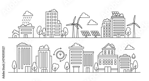 Vector outlined cityscape featuring buildings, trees, renewable energy sources, and weather elements shown twice