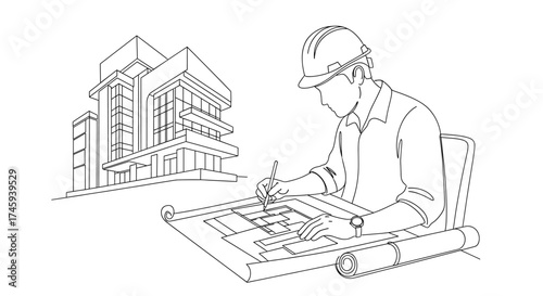 Vector architect drawing blueprint of a building wearing hardhat and watch with rolled blueprint beside it