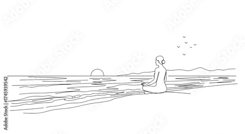 Vector woman meditating near the ocean with birds flying and a setting sun in a line drawing illustration