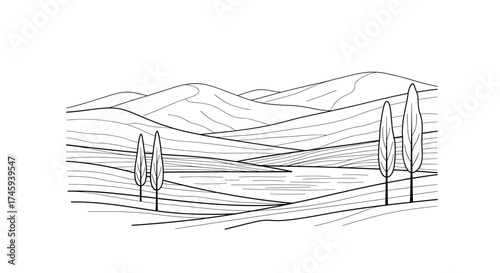 Vector line art illustration of a landscape with rolling hills, trees, and a body of water in the distance