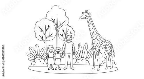 Vector family with two girls and giraffe standing near trees and plants in a line drawing illustration