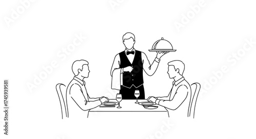 Vector waiter serving two seated patrons at a table with wine glasses and plates of food present