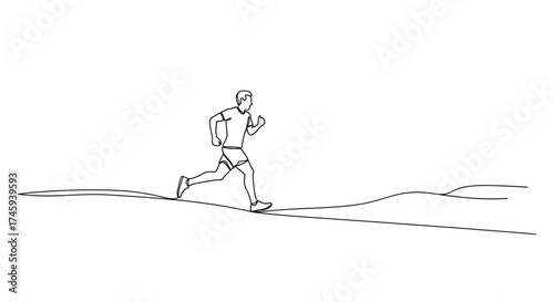 Vector continuous line drawing of a man running across a landscape with hills in the distance art concept