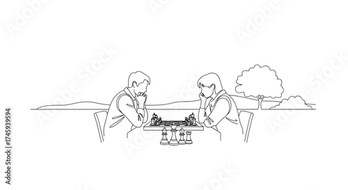 Vector two people playing chess outdoors with trees and hills in the distance line drawing art