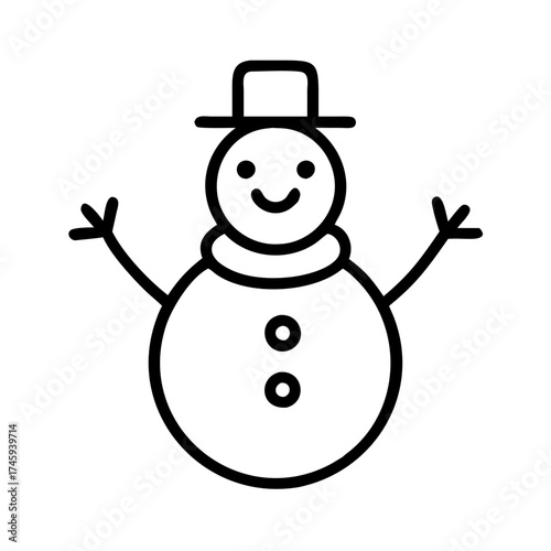 Vector art of smiling snowman with scarf a simple line drawing of a snowman with a hat and scarf in black and white