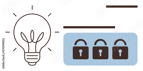 Light bulb radiating ideas next to three locks in a blue rectangle emphasizing protection, privacy, and security. Ideal for innovation, cybersecurity, data safety, creativity, solutions