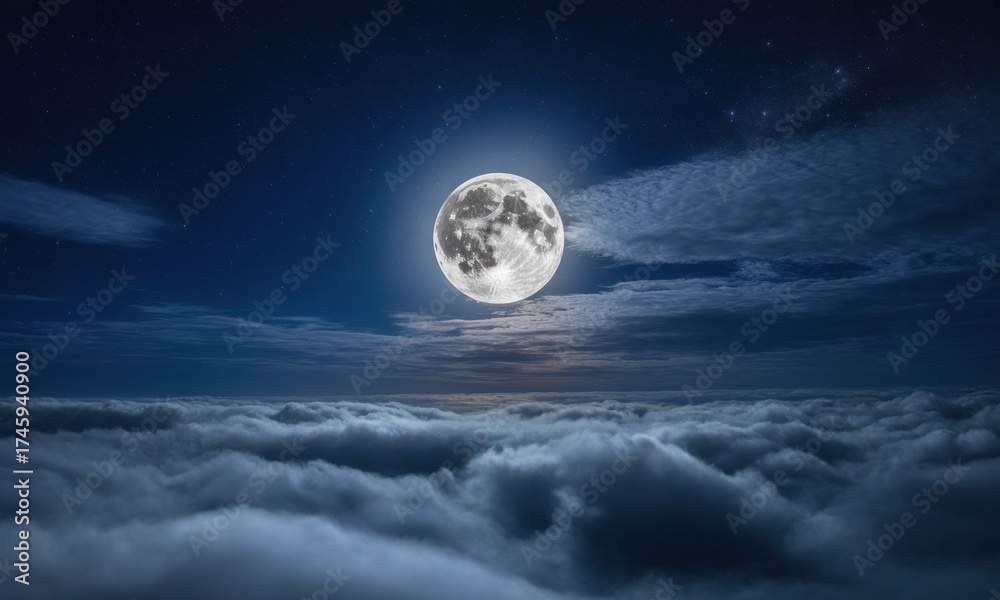 Fototapeta premium Full moon above a vast expanse of clouds at night