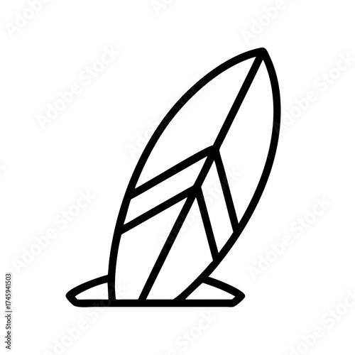 Vector art of surfboard on stand icon, a simple design ideal for coastal themes, beach promotions, and summer vacation visuals