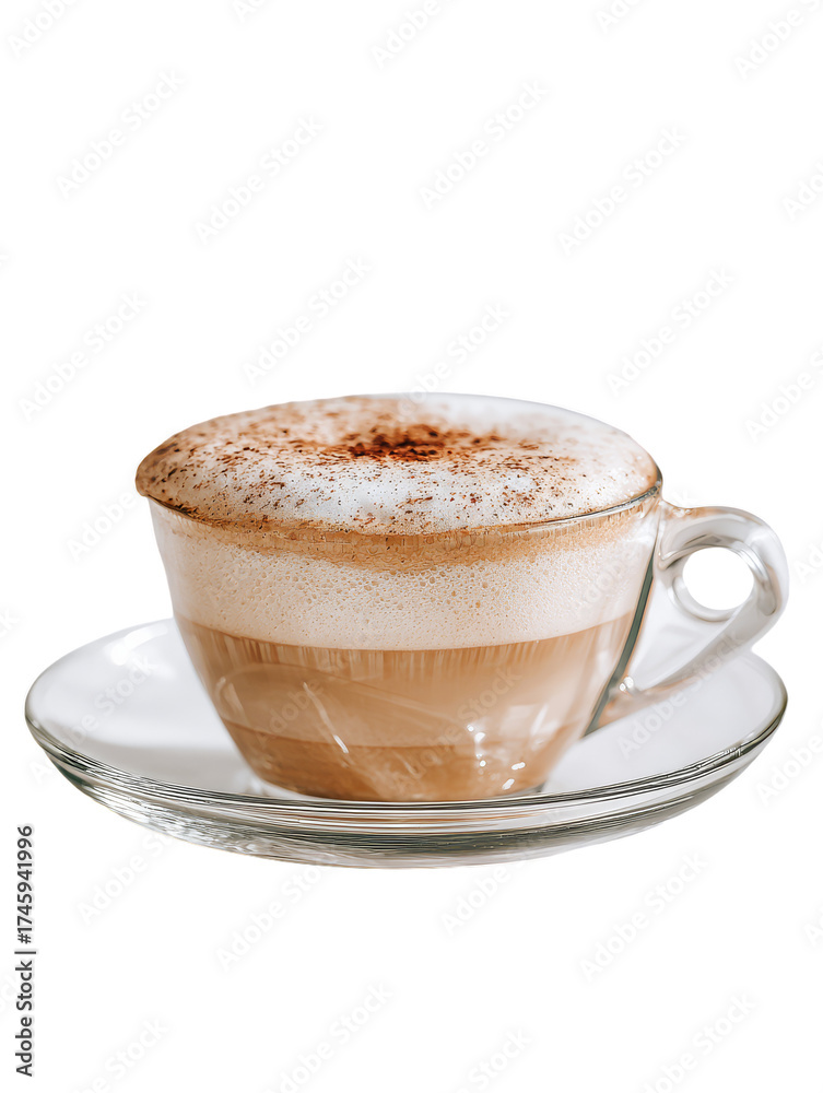 Fototapeta premium Delicious cappuccino served in a clear glass cup on a saucer.
