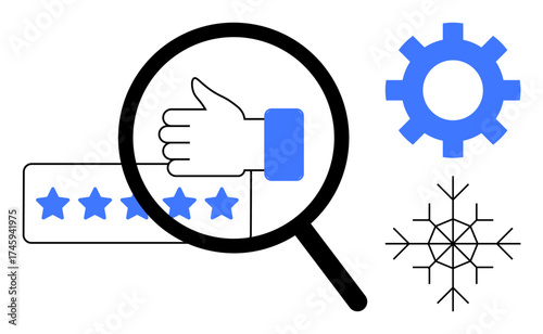 Magnifying glass highlighting thumbs up alongside a star rating, gear, and snowflake. Ideal for customer feedback, evaluation, success, analysis, quality innovation and process. Simple flat