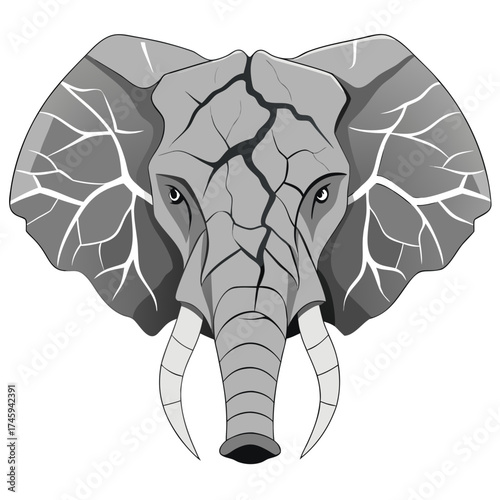 Stylized grayscale illustration of an elephant head with cracked skin and large ears