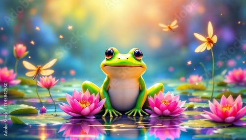 Serene Frog in Lotus Pond A Digital Art Masterpiece