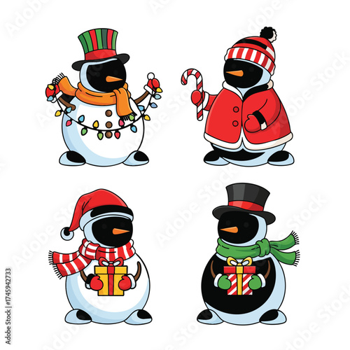A charming collection of four cartoon snowmen with black faces dressed for Christmas.