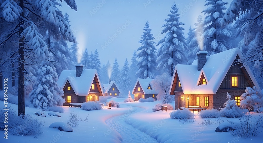 Fototapeta premium Cozy Winter Cottages Snowed In with Lit Up, Path in Snow, and Fir Trees Background.
